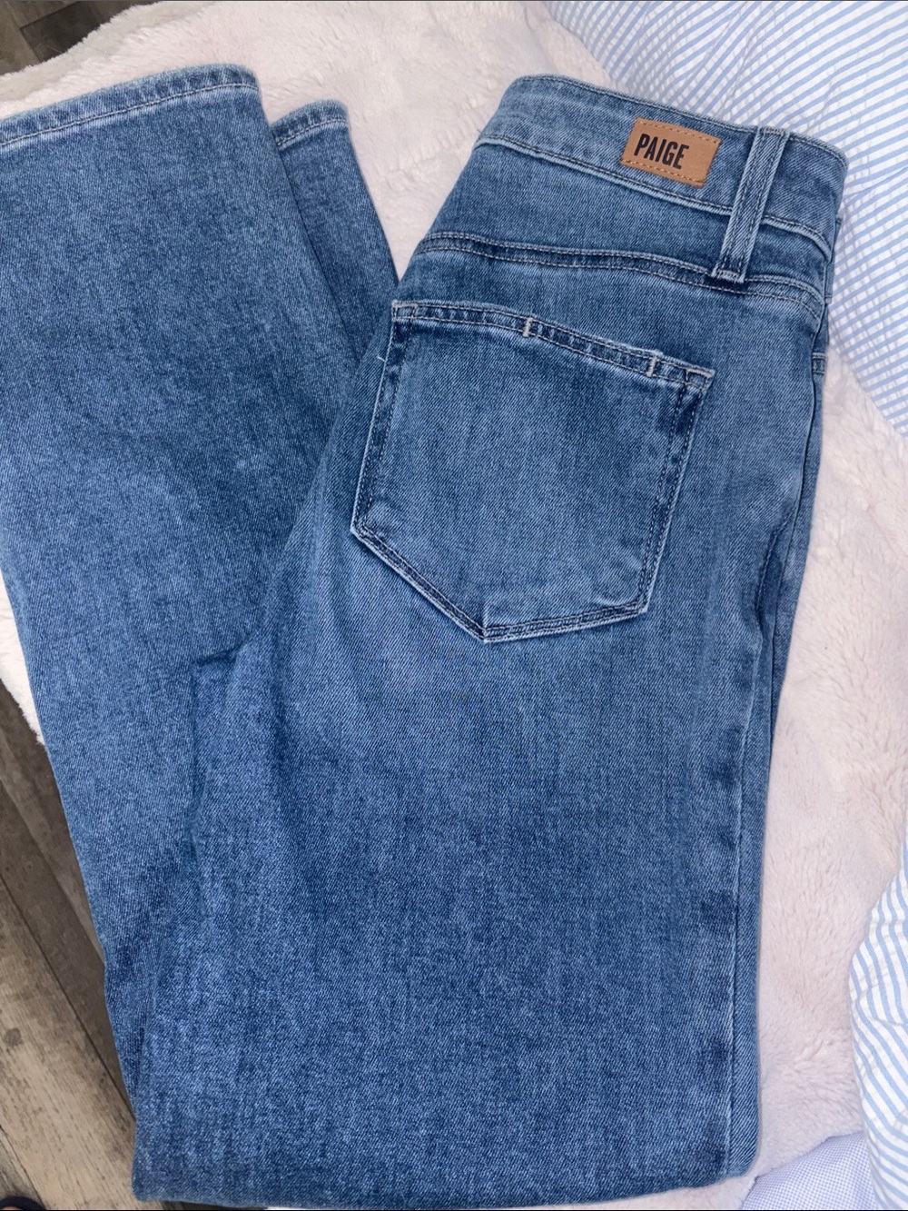 PAIGE Medium Wash Straight Jeans with Leather Patch